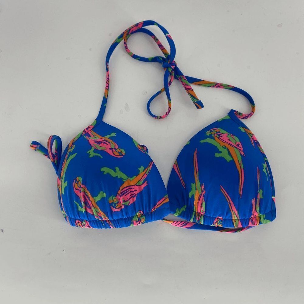 Aerie Womens Blue Toucan String Tie Swimsuit Triangle Bikini Top Medium padded